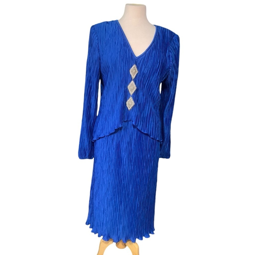 ❤️Vintage After Dark blue pleated v neck dress with beaded diamonds size 13/14